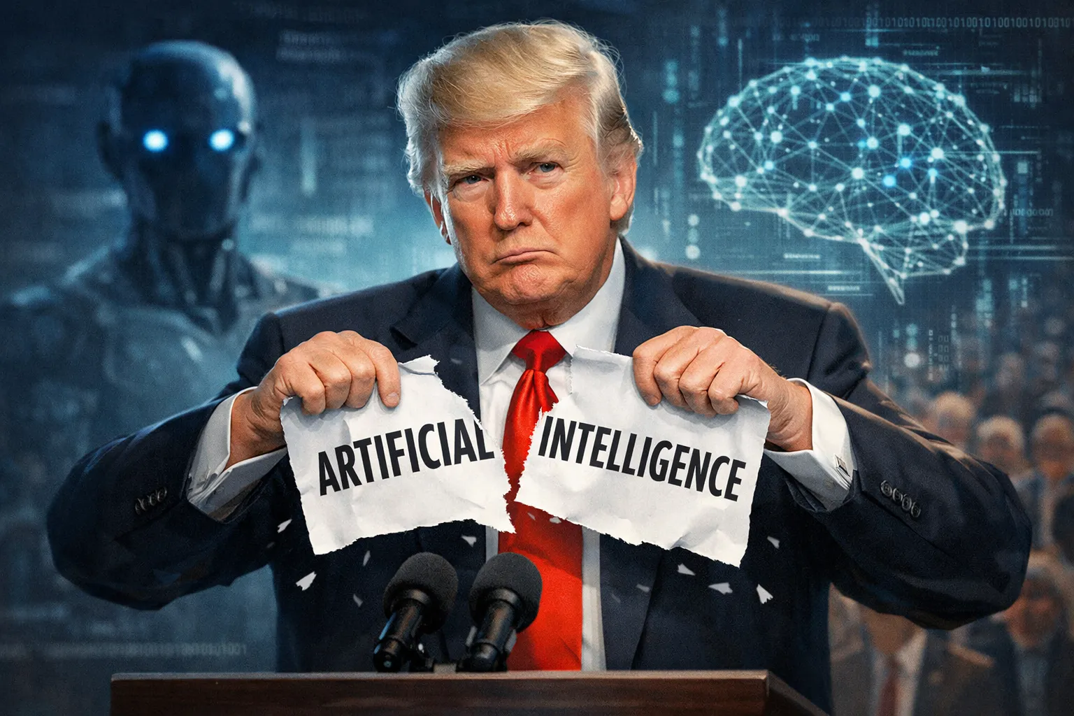 Illustration showing the phrase 'artificial intelligence' crossed out